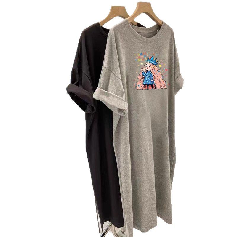 Корейское облегающее платье с принтом большого размера для лета, средней длины ниже колена, в стиле футболки для женщин, новая коллекция 2025