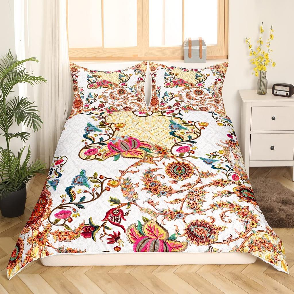 Ethnic Bright Floral Duvet Cover Queen King Size Boho Botanical Bedding Set Geometric Abstract Quilt Cover Bedroom Decor 3 Pcs
