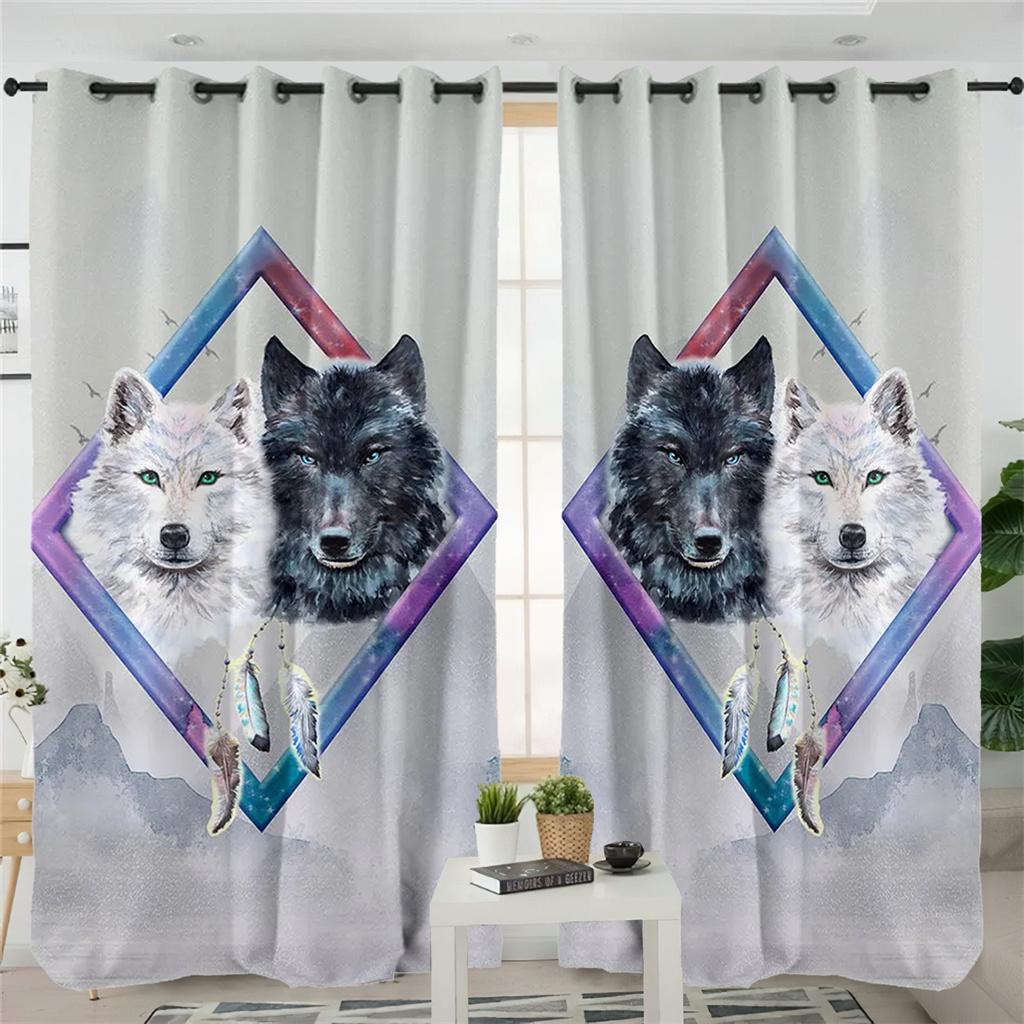 Шторы с изображением тотема в виде животного волка, черно-белые шторы с изображением волка, 2 панели, детская комната, гостиная, спальня, балкон, кабинет, декор