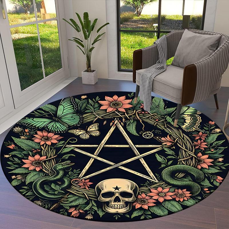 1pc Office Carpet Chair Mats Pentagram with Skull, Butterflies, and Floral Wreath Perfect for Decorating Office Chairs, Living Rooms, Or Bedrooms.YDT0