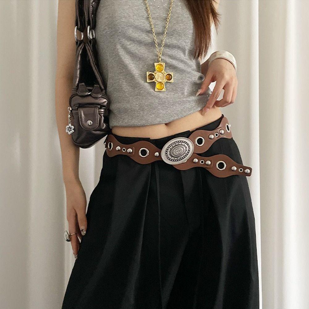 Vintage Women's Rivet Belt Leopard Dress Jeans Belt Leather Waistband  Waist Accessories