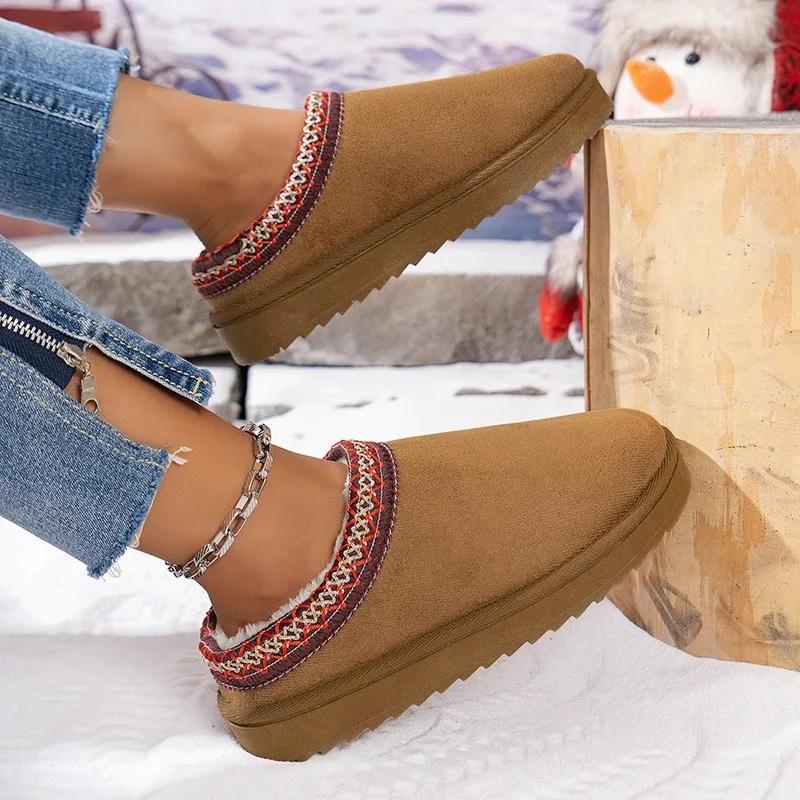 Woman Snow Boots for Warm Suede Leather Boots Autumn Winter Slip On Platform Boats Close Toe Hair Half Slipper Cotton Shoes
