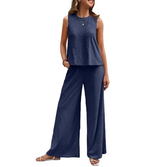 Женский комплект из 2 предметов: жилет, брюки, круглый вырез, без рукавов, однотонный топ, высокая талия, широкие брюки, повседневный наряд для отпуска, летняя пляжная одежда