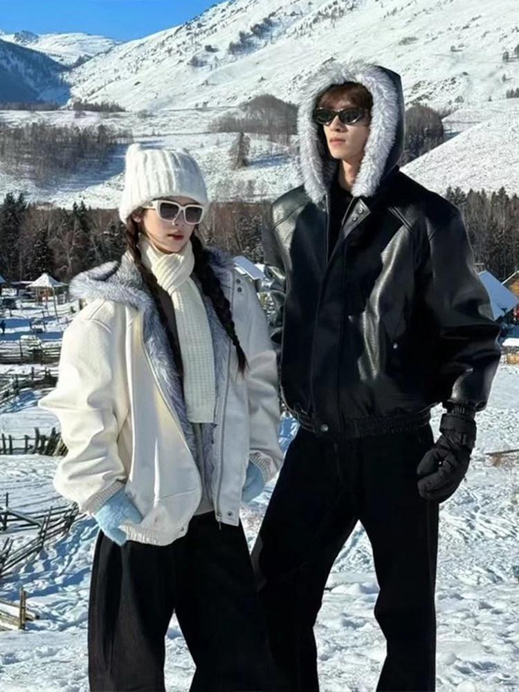 Unisex American Style Hooded PU Leather Jacket with Wolf and Eagle Design - Thick, Warm Cotton for Winter