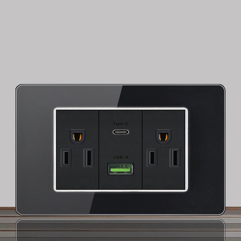Brazil US Wall Light Switch Power Socket with USB Type-c 20W,Italy Chilean Fast Charging Tempered Glass Panel Universal Outlet
