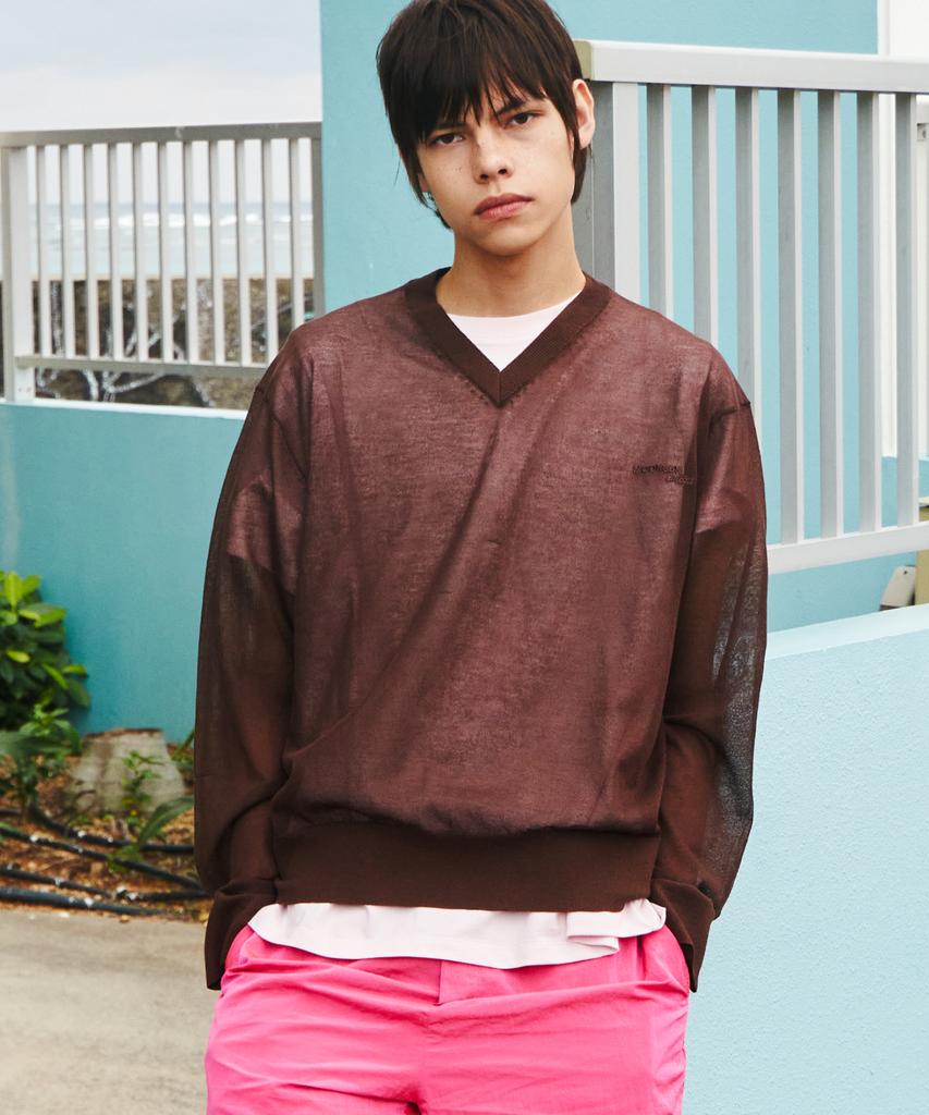 MOONSUN M.C Unisex, Logo Sheer V Neck Knit / Brown