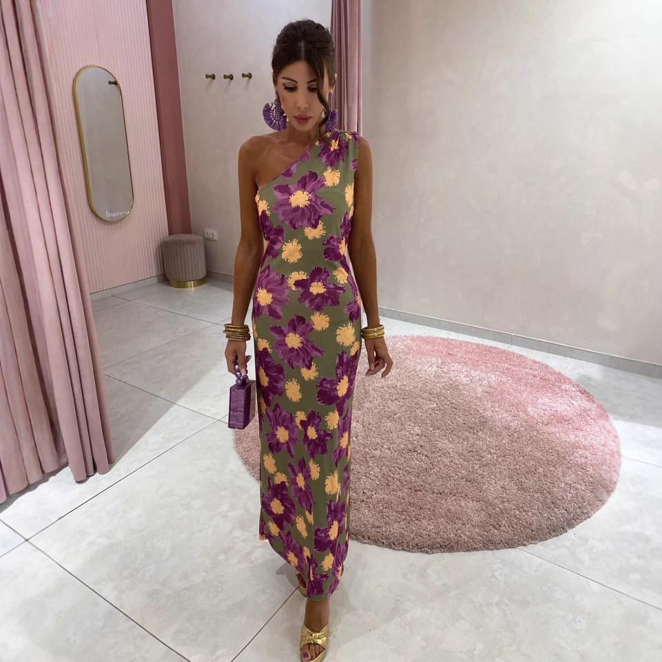 Модное платье с принтом на одно плечо для европейских и американских женщин