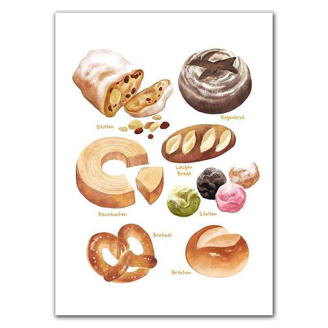 Постеры и принты с едой для завтрака Торт Хлеб Слойка Чай Десерт Настенное искусство HD Картины Холст Живопись для декора кофейни, пекарни