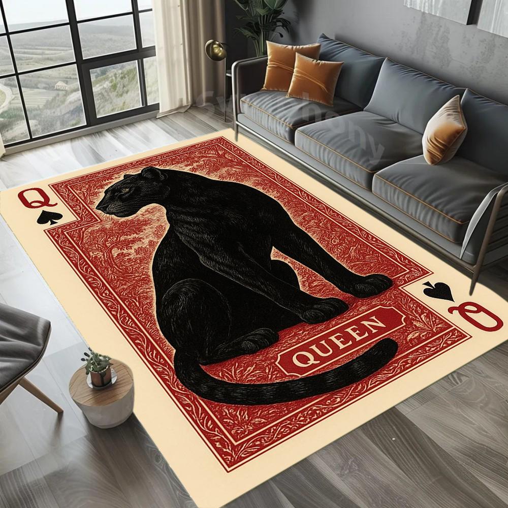 Regal Panther Queen Area Rug Red Black Playing Card Design Carpet with Spade Symbols for Game Room Decor Non-Slip Floor Mat