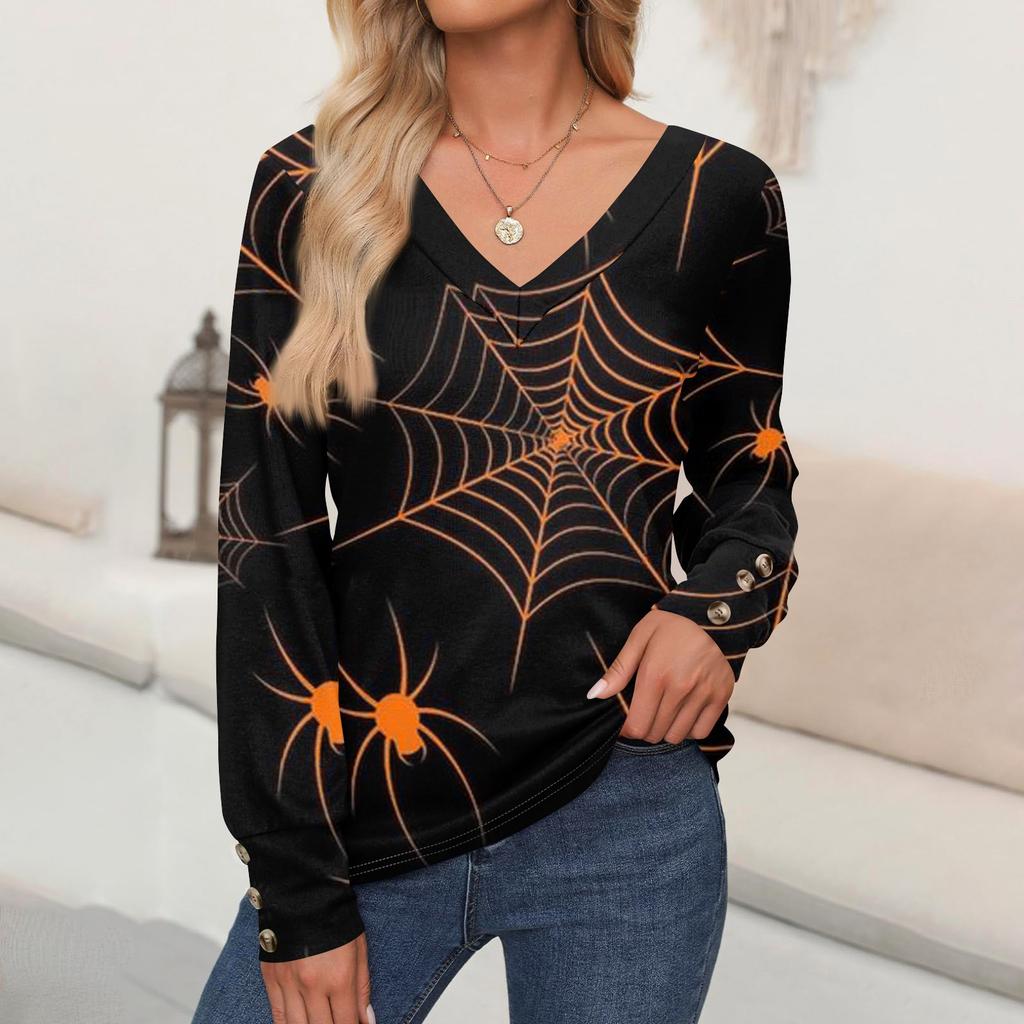 Женские топы с принтом на Хэллоуин, рубашка с длинным рукавом, V-образный вырез, повседневная свободная футболка, осенняя одежда