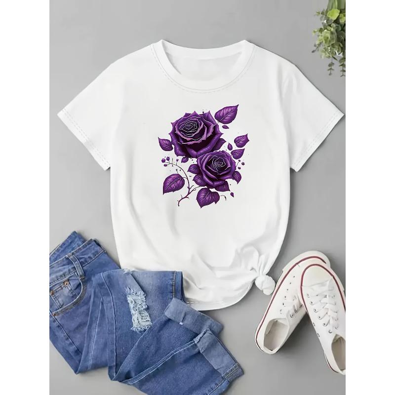 Женская элегантная футболка с принтом фиолетовой розы, круглый вырез, короткий рукав, мягкая смесь полиэстера, легкая, дышащая, весенне-летняя, спортивная, повседневная