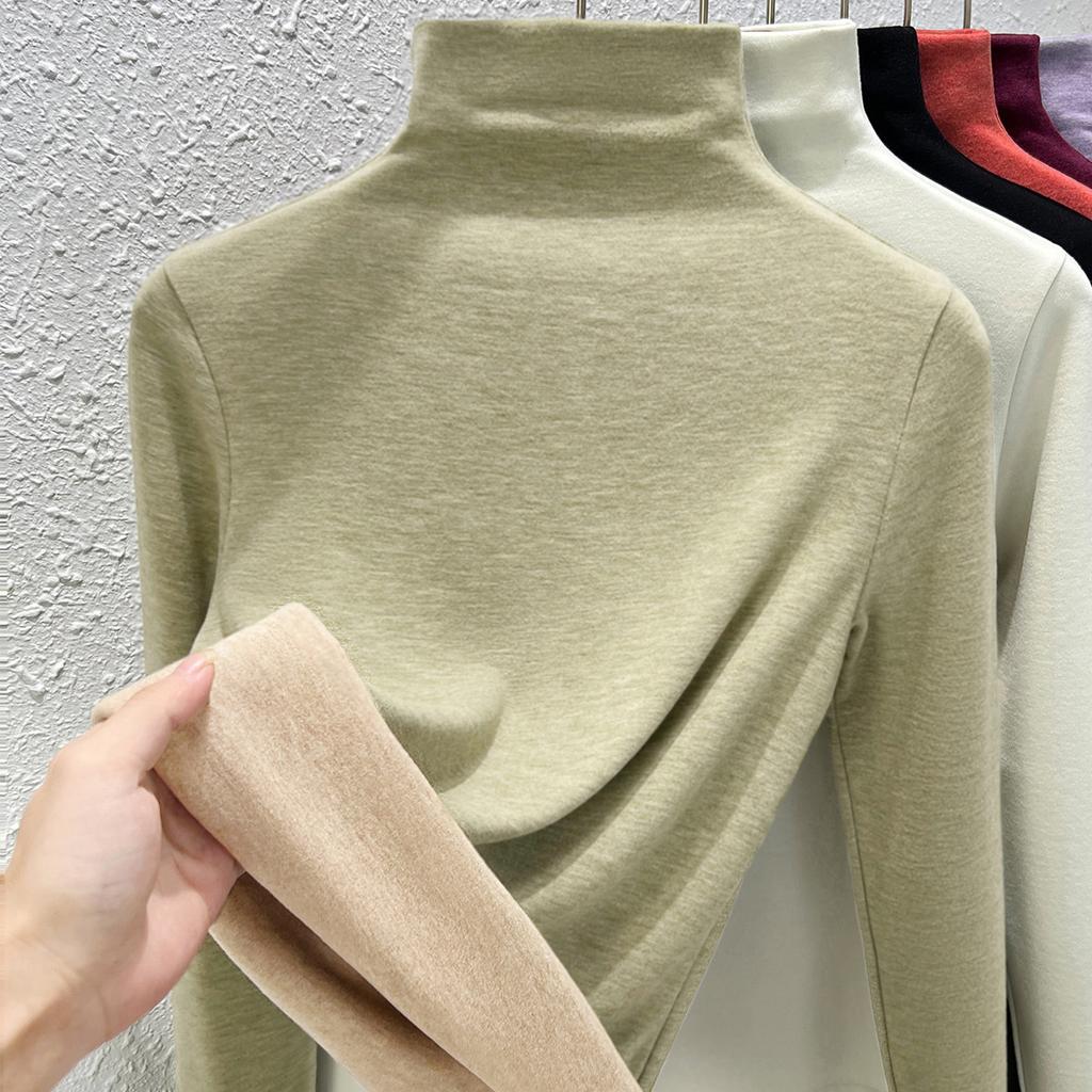Autumn and Winter Women's Clothing Containing Wool and Silk Bottoming Shirt Women's Inner Heating Fleece Warm Turtleneck Top with Fleece and Thicker