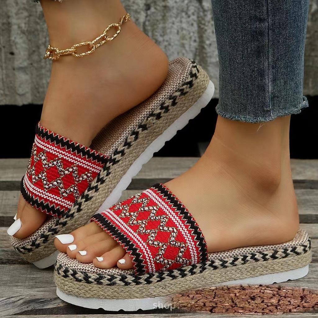 Ethnic Wind Plus Size Ladies Footwear Thick-soled Fishmouth Hemp Rope Candy-colored Slippers
