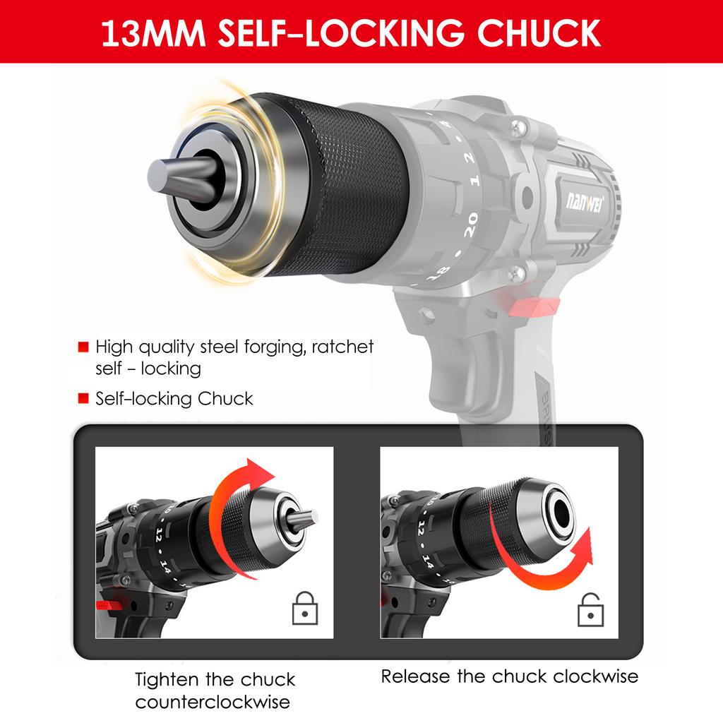 Аккумуляторная дрель-шуруповерт 21 В, максимальный крутящий момент 200 Нм, 20 + 3 положения, 0–2150 об/мин, переменная скорость, удар