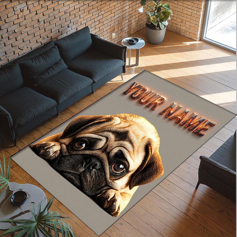 Pug Theme Crystal Velvet Floor Rug Personalized Custom Name Text Warm Carpet Home Decoration