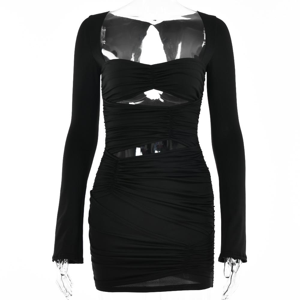 Женское осеннее элегантное вечернее платье для ночного клуба с длинным рукавом и вырезом, сексуальное мини-платье с рюшами