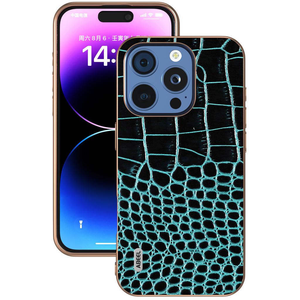 ABEEL For iPhone 16 Pro Case Electroplating Edge Crocodile Texture Genuine Cow Leather Back Phone Cover