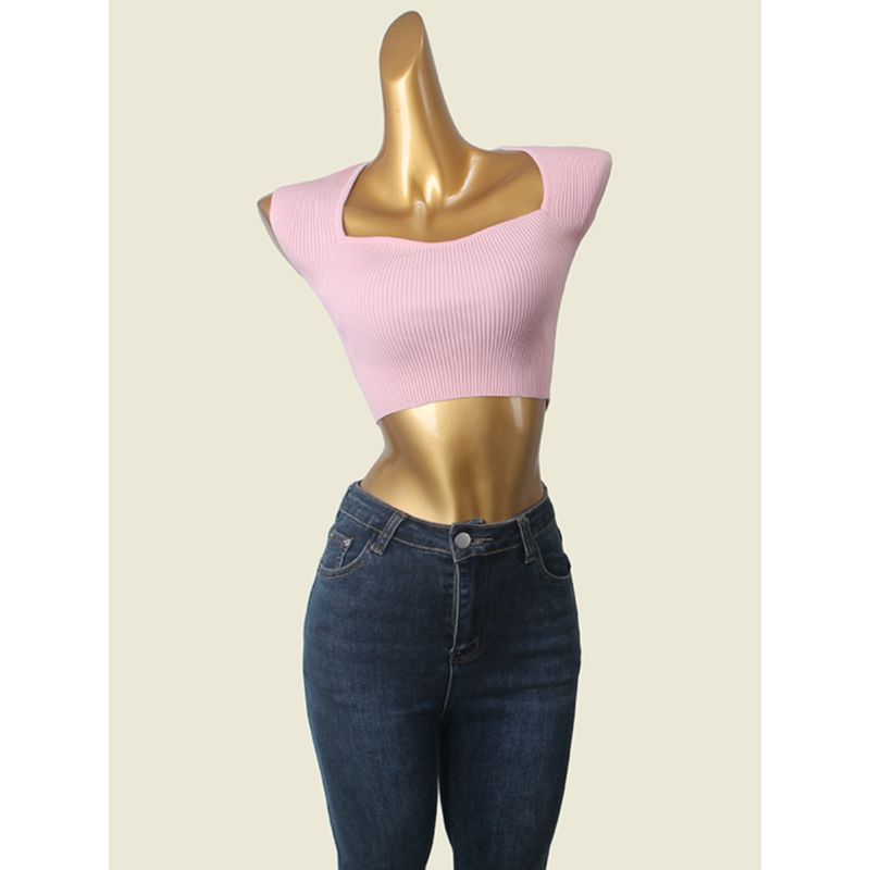 Sweetheart Sexy Short Sleeve Knitwear Summer Sexy Square Collar Crop Top Foreign Trade Original Order T-shirt