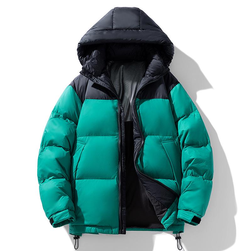 Мужская зимняя стеганая куртка-пуховик с капюшоном Color Block - 90% белый утиный пух, ветрозащитная и теплая, парный стиль, короткая и утолщенная.