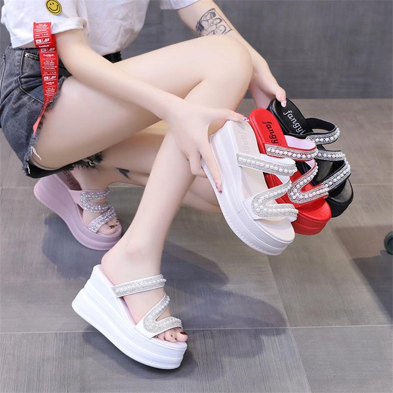 Spring Casual Fashion Thick Sole New Sexy Round Toe Beaded Crystal Solid Color Wedge Sandals Comfortable Women's Slippers