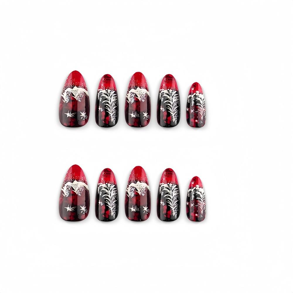 Christmas Dark Gradient Fine Glitter Falling Cedar Tree Snowflakes Christmas Wear Nails Long Almond Christmas Manicure