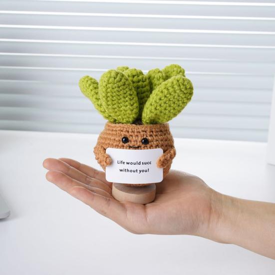 Positive Crochet Ball Cactus with Encouraging Card Emotional Support Handmade Knitting Potted Succulent Doll Toy Decoration Ornament