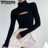 Open Chest Long Sleeve Knitted Top Sexy One-piece Turtleneck Sweater Women's Autumn and Winter Jumper Y2k Fashion Goth Pullover