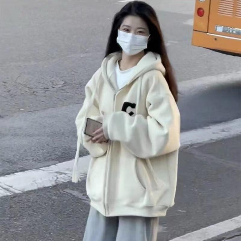 Пара супер горячая абрикосовая толстовка женская осень новая зимняя свободная универсальная верхняя часть в модной куртке с капюшоном