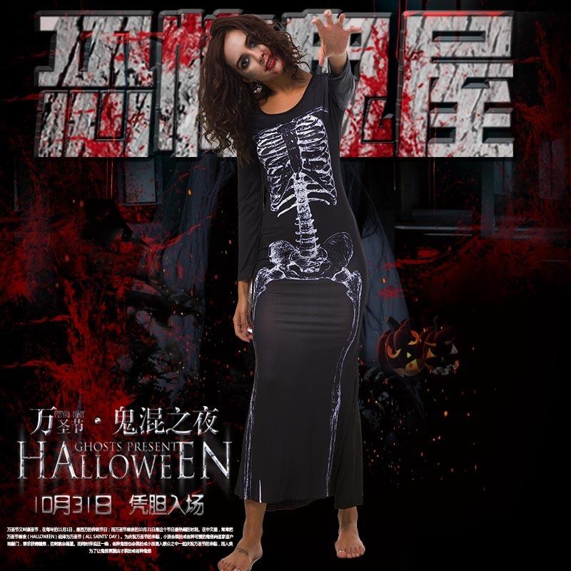 Платье с принтом скелета, платье с индивидуальностью, костюм привидения на Хэллоуин, длинное платье, костюм для сценического выступления, костюм для косплея