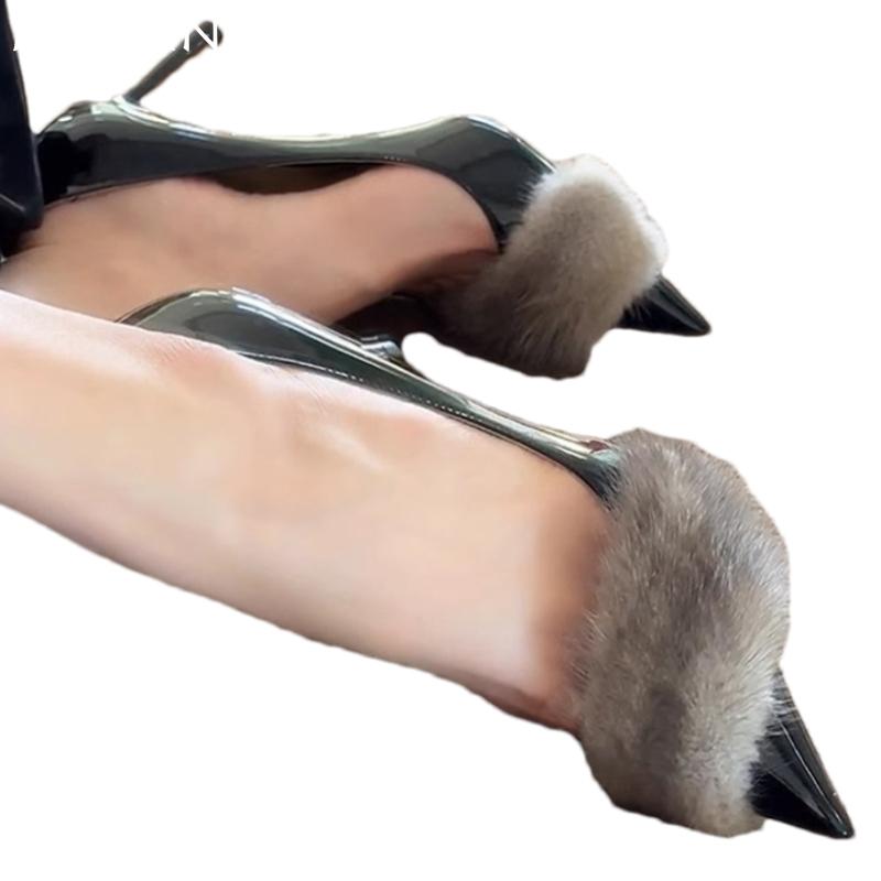 Модные Меховые Женские Туфли на Высоком Каблуке Модные Сексуальные Туфли-лодочки с Заостренным Носком Новые Летние 2025 Дизайнерские Вечерние Туфли Женские Сандалии