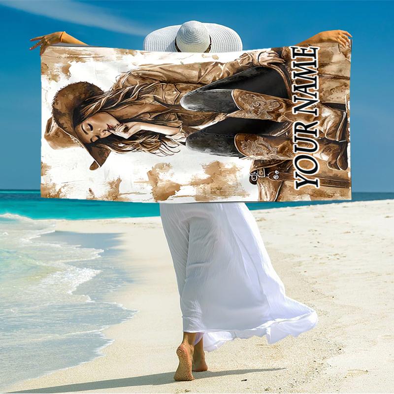 1PC Custom Name Cowgirl Dreams Sepia Beach Towel Highly Absorbent And Sand-Resistant Towel for Swimming, Pool, Yoga, And Travel Lightweight
