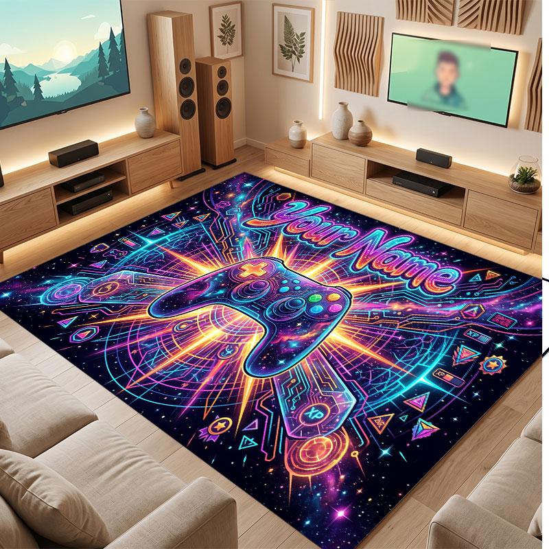 Game Controller Theme Crystal Velvet Floor Rug Personalized Custom Name Text Warm Carpet Home Decoration