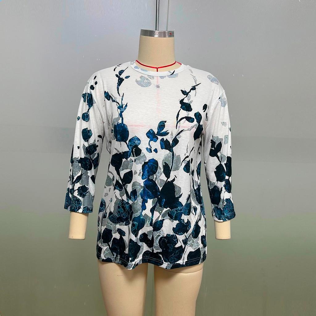 Women's Fashion Casual Three-quarter Sleeve New Year Printed Round Neck Top New Year 2025