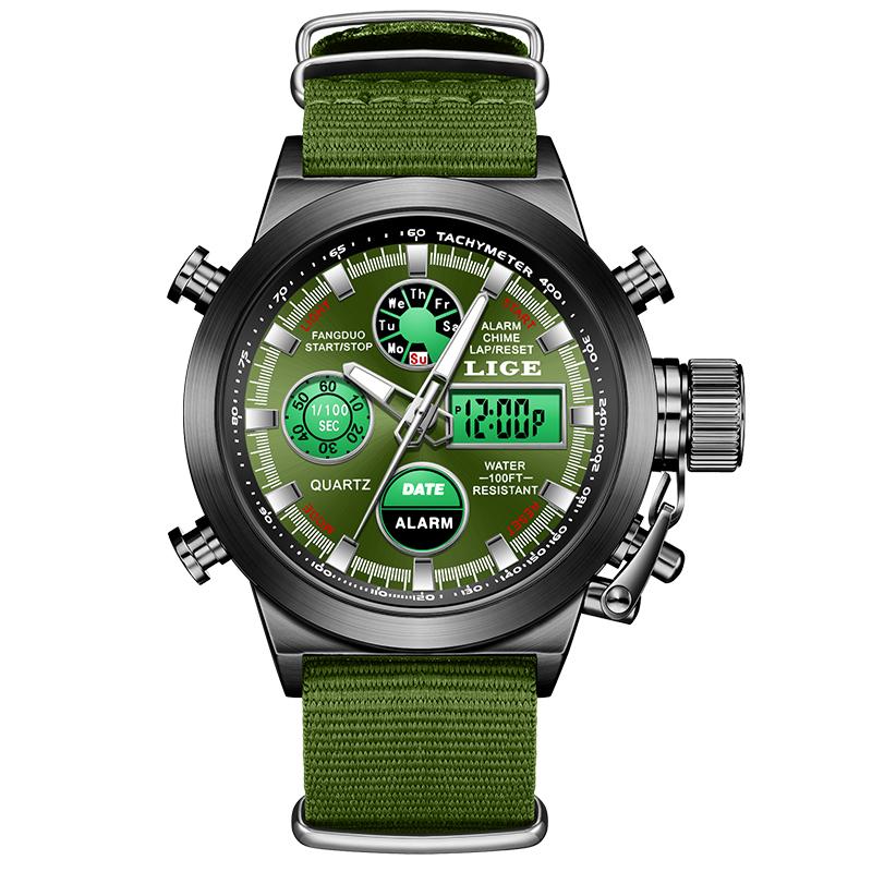 LIGE Original watches for men fashion LED dual display luminous nylon electronic watch alarm clock week quartz mens reloj