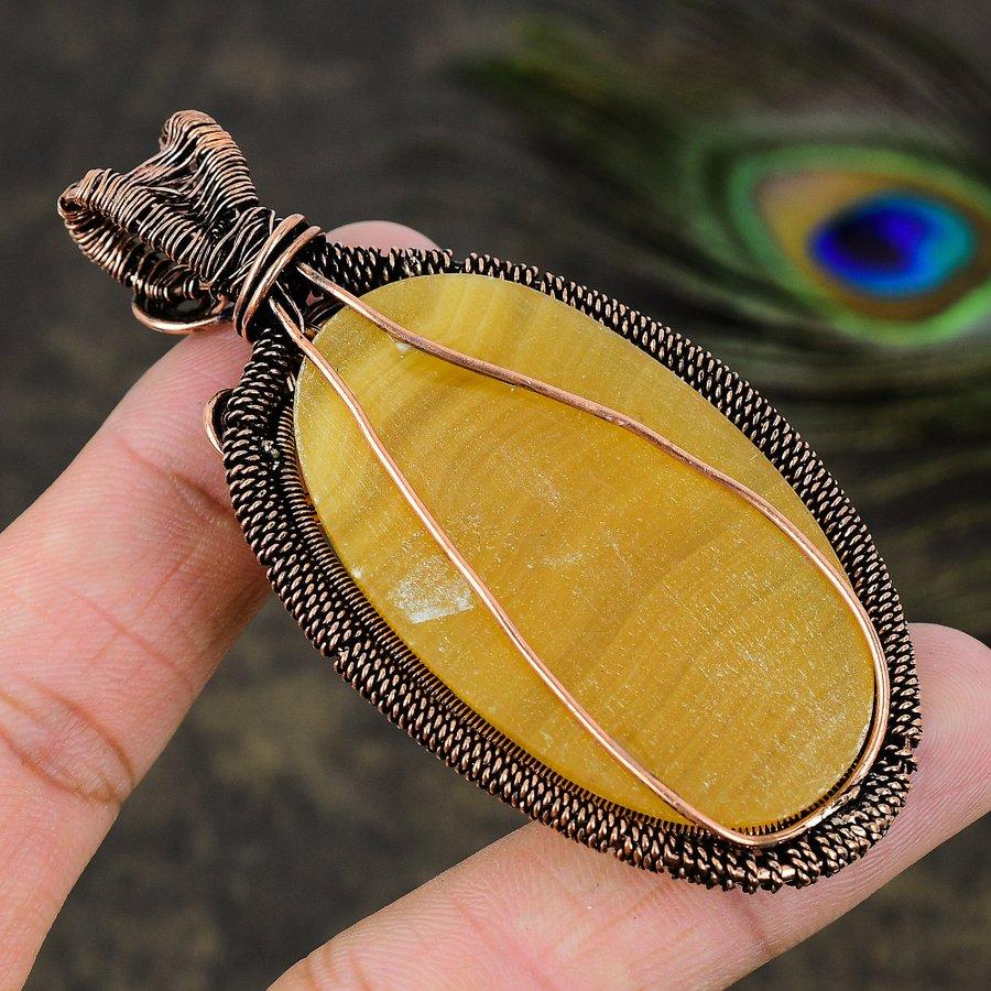Yellow Fluorite Gemstone Copper Wire Wrap Jewelry Pendant 3.15