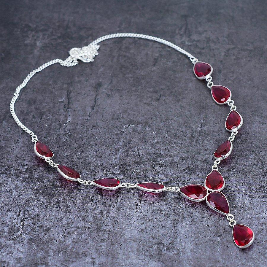 Garnet Gemstone Handmade 925 Sterling Silver Jewelry Necklace 18" w6D13