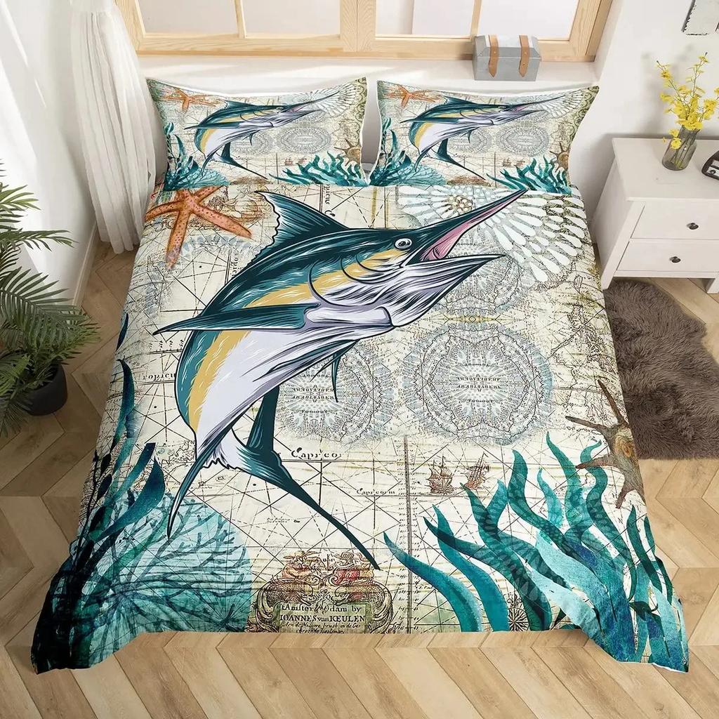 Sea Turtle Duvet Cover Set Full Size,octopus Seahorse Whale Bedding Set Teal Ocean Themed Mediterranean Style Beach Quilt Cover