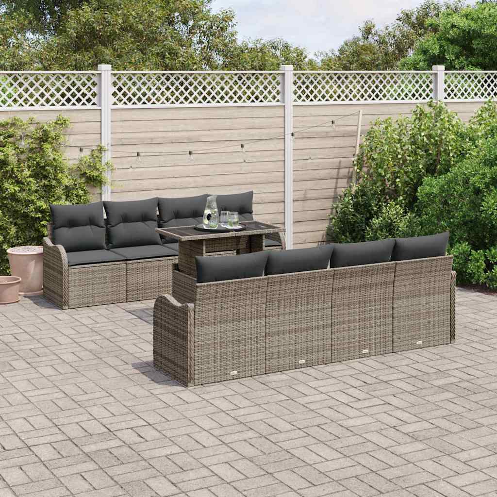 Garden Sofa Set with Cushions and Storage 9 pcs Grey Poly Rattan