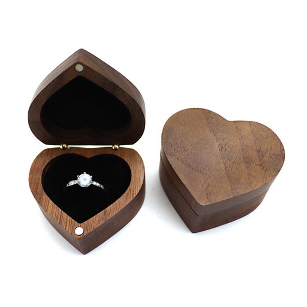 Anti-collision Walnut Wood Rings Box 1/2 Slots Rings Bearer Box Simple Heart Rings Holder  Propose