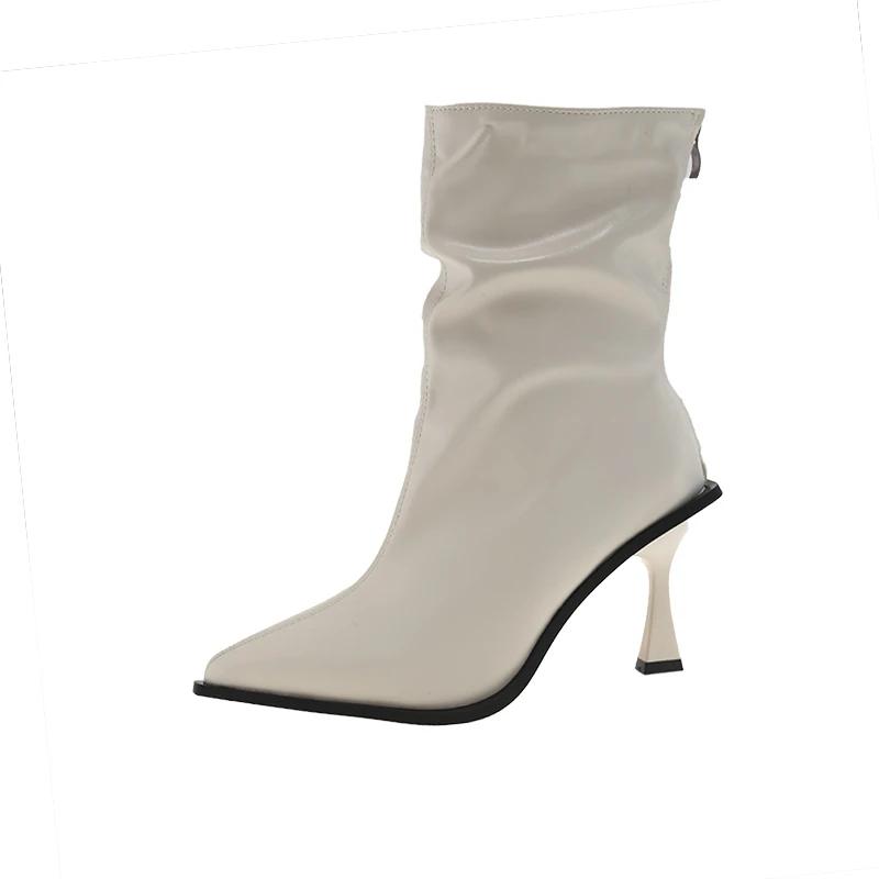 Ботильоны на высоком каблуке женские осень-зима новые остроносые коричневые ботинки на молнии кожаные модные сексуальные роскошные брендовые плиссированные дизайнерские ботинки