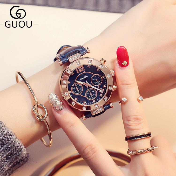 GUOU Top Brand Fashion Luxury Women's Watches Ladies Watch Women Bracelet For Calendar Clock Leather relogio feminino saat