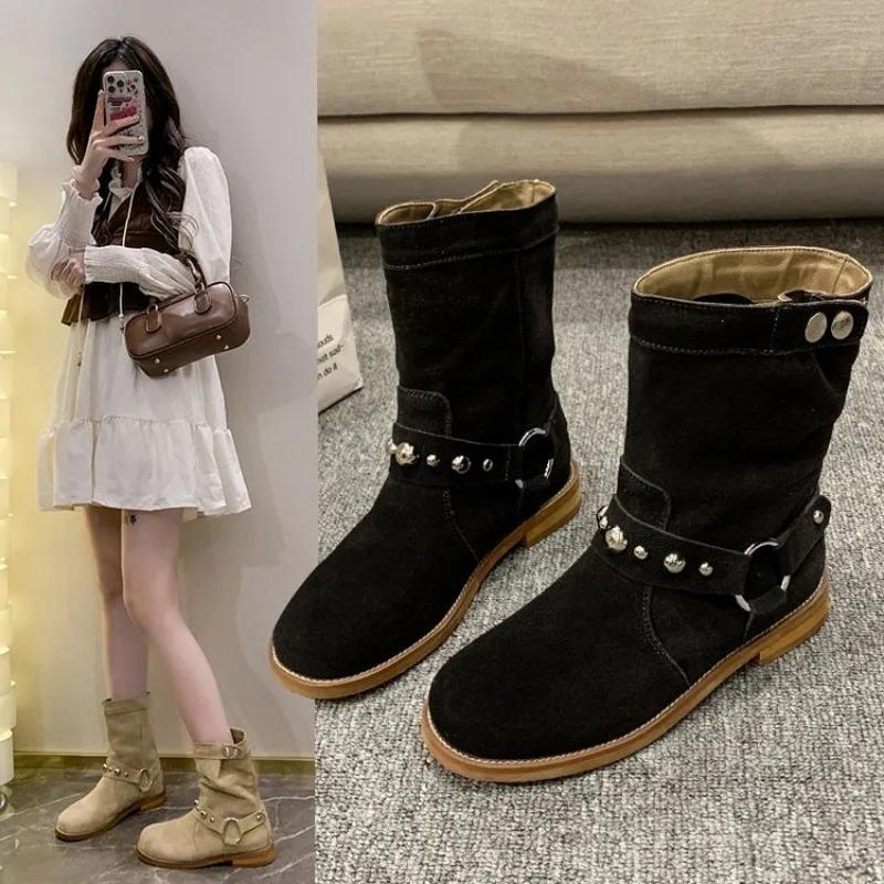 Новые женские ботильоны из искусственной замши на толстом низком каблуке с круглым носком, ковбойские сапоги в стиле вестерн, большие размеры, повседневная кожаная обувь на осень-зиму