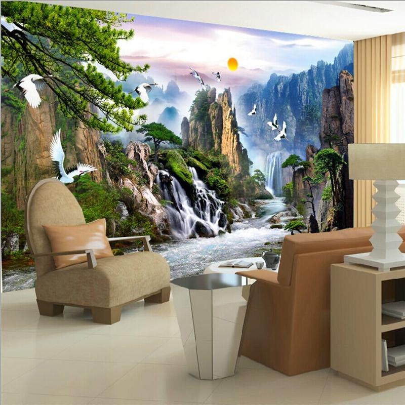 3D Обои Пейзажные картины Фреска Восход Гора Водопады Краснокронный журавль Обои Гостиная Домашний декор Фреска