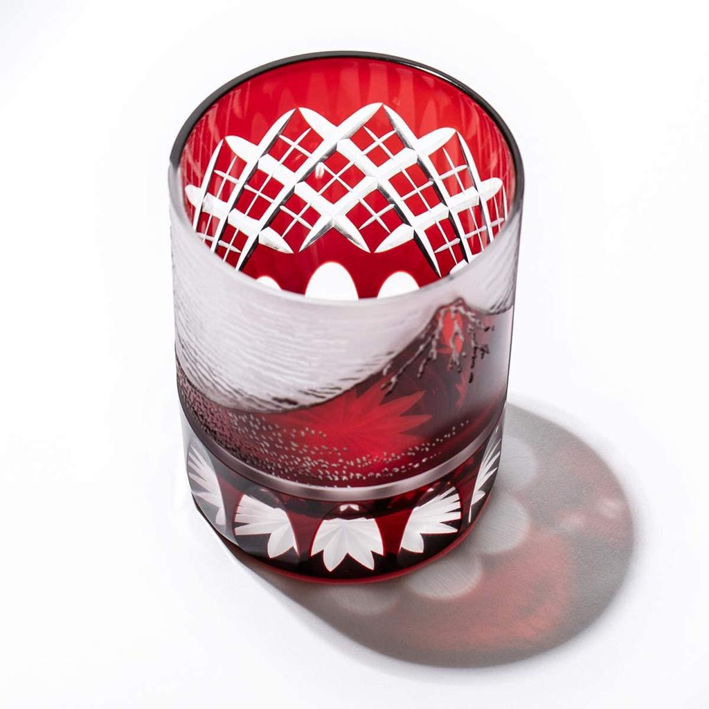 Kobo Edo Kiriko Red Fuji and Yarai Crest Old Glass Wooden Box Made In Japan [Taimuro Official] (Red) TB15-203R