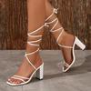 Women's Solid Color Block Heeled Sandsals, Sexy Square Toe Lace Up Sandals, Fashion Summer Sandals