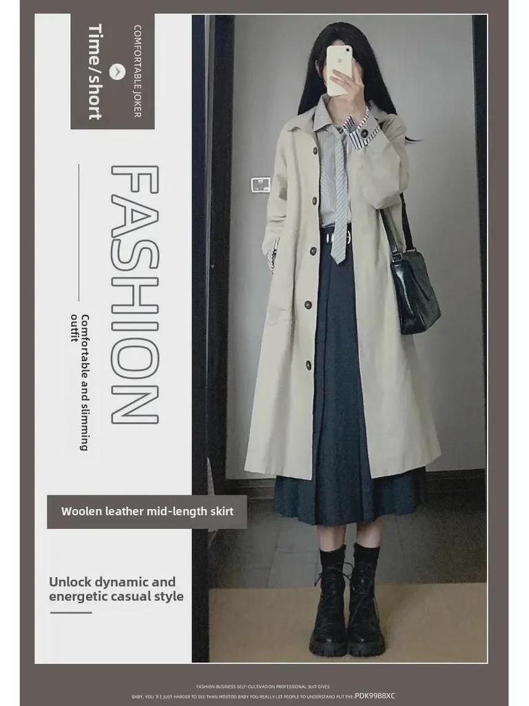 Women's High-Waist Gray Wool A-Line Skirt - Autumn/Winter Pleated, Elegant Slim-Fit.