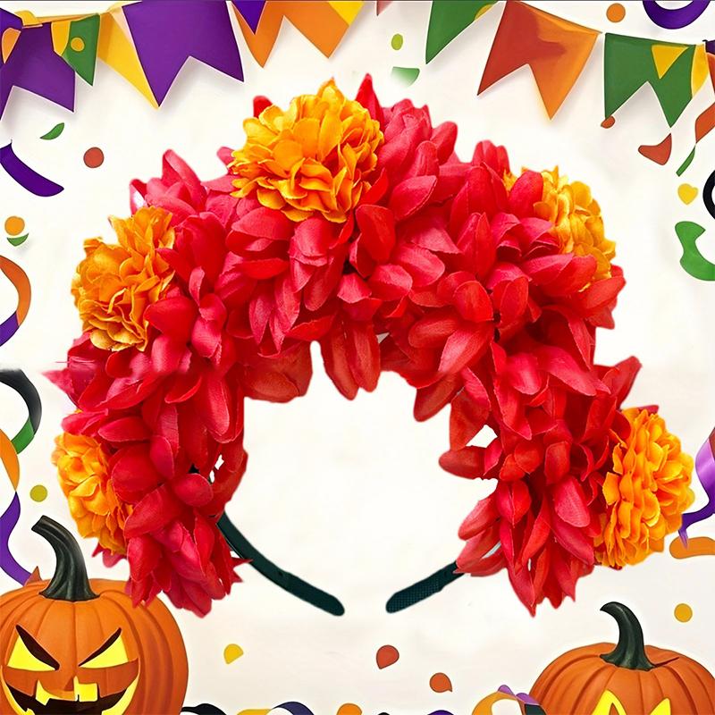 1Pc Day Of The Dead Artificial Marigold Hair Band Faux Chrysanthemum Headband Halloween Festival Party Flower Crown For Women