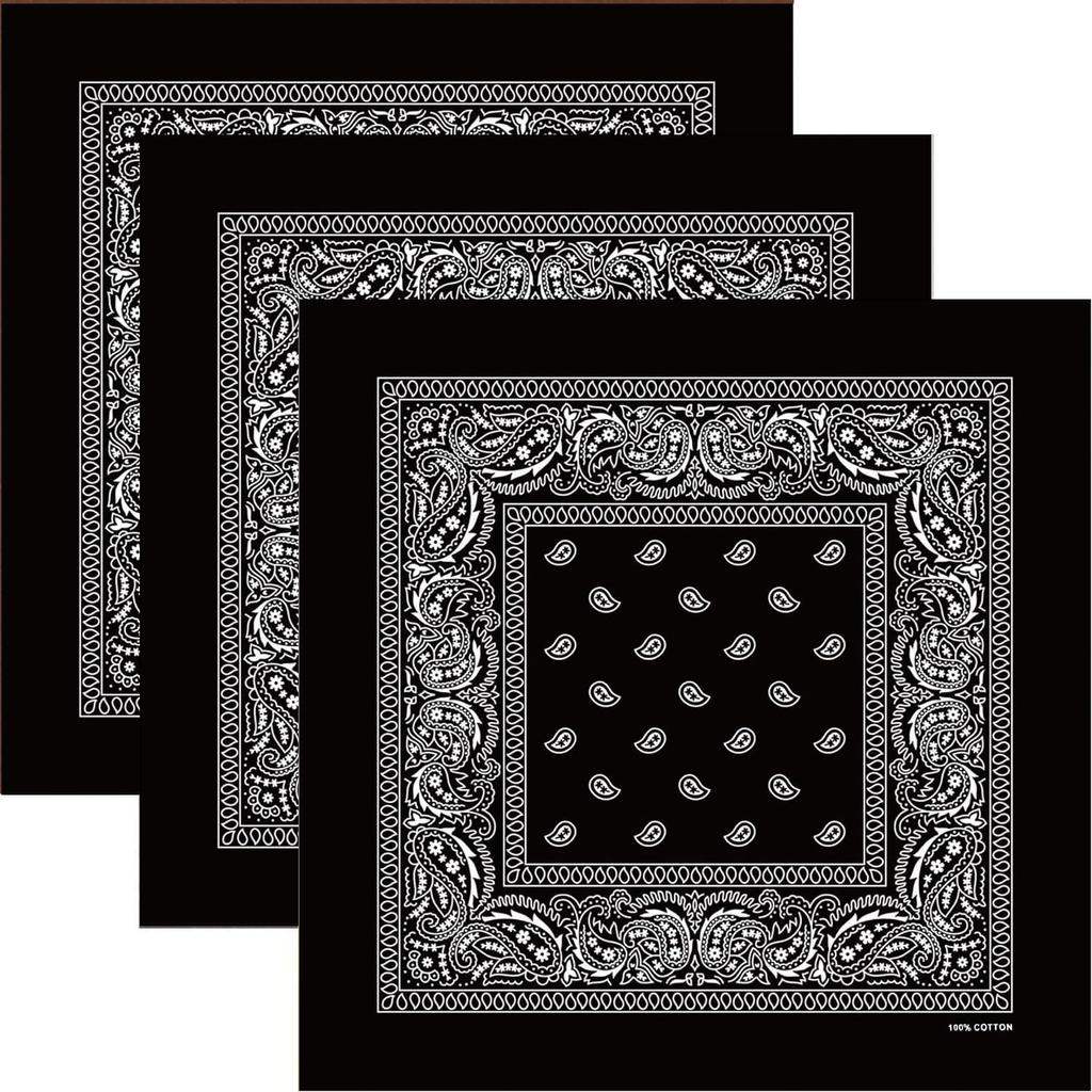 kakatrend Bandana 100% Cotton Men's Paisley Black Adults Stylish Handkerchief Cotton Bandana Unisex Durag 3-Piece Set black 55cm x 55cm
