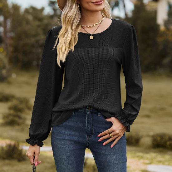 Женские топы с длинным рукавом и круглым вырезом, сетчатые топы, однотонные, дышащие, с рукавами-фонариками, повседневная футболка, повседневная одежда