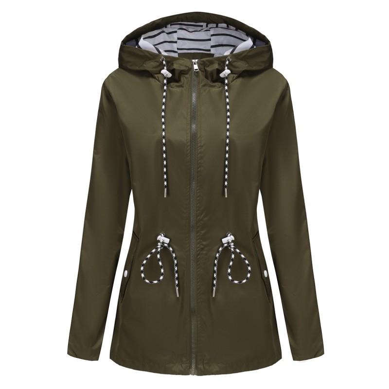 Womens Long Sleeve Hooded Raincoat Mid-Length Water-Resistant Windbreaker Striped Loose Fit Casual Office Wear
